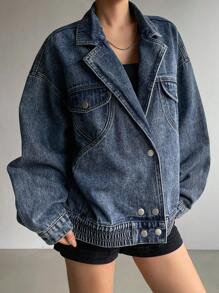 DAZY Women's Lapel Drop Shoulder Long Sleeve Single Breasted Casual Denim Jacket, Autumn