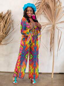 Abeille Creations Celana Panjang Chiffon Transparan Model Lebar Motif Garis Abstrak Berwarna-warni Gaya Boho Bohemian Desainer, Cocok untuk Liburan, Jalan-jalan, Musim Semi, dan Festival. - MultiWarna - View 7