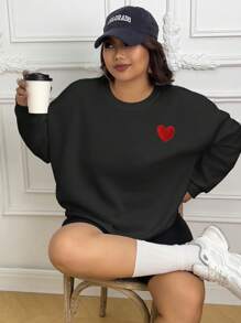 INAWLY Plus Heart Print Drop Shoulder Sweatshirt, For Winter - Black - View 5