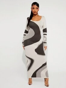 SHEIN SXY Women All-Over Pattern Fitted Long Sleeve Sweater Dress, Autumn/Winter - Multicolor - View 5