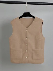 Chiquease Women's Solid Color Single-Breasted Vest With Pockets Jacket, Autumn/Winter - Orange - View 3