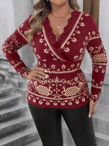 SHEIN Clasi Plus Size Women Print Lace Trim Crew Neck Long Sleeve T-Shirt, Autumn/Winter - Burgundy - View 1