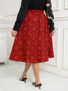 SHEIN Clasi Plus Size Women Elegant Simple Style Elastic Waist Red Skirt, Everyday Wear - Red - View 2