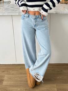 EURMUSE Water-Washed Distressed Loose Straight Leg Jeans - Light Wash - View 5