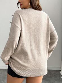 SHEIN LUNE Plus Size Damski Jednokolorowy Dzianinowy Okrągły Dekolt Wzór Nadruk z Panterką Kieszonka Guziki Ozdobny Długi Rękaw Casualowy Sweter, Jesień/Zima