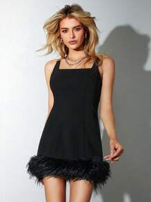 Easelle Women's Sexy Party Black Faux Fur Square Neck Backless Bodycon Mini Dress - Black - View 4