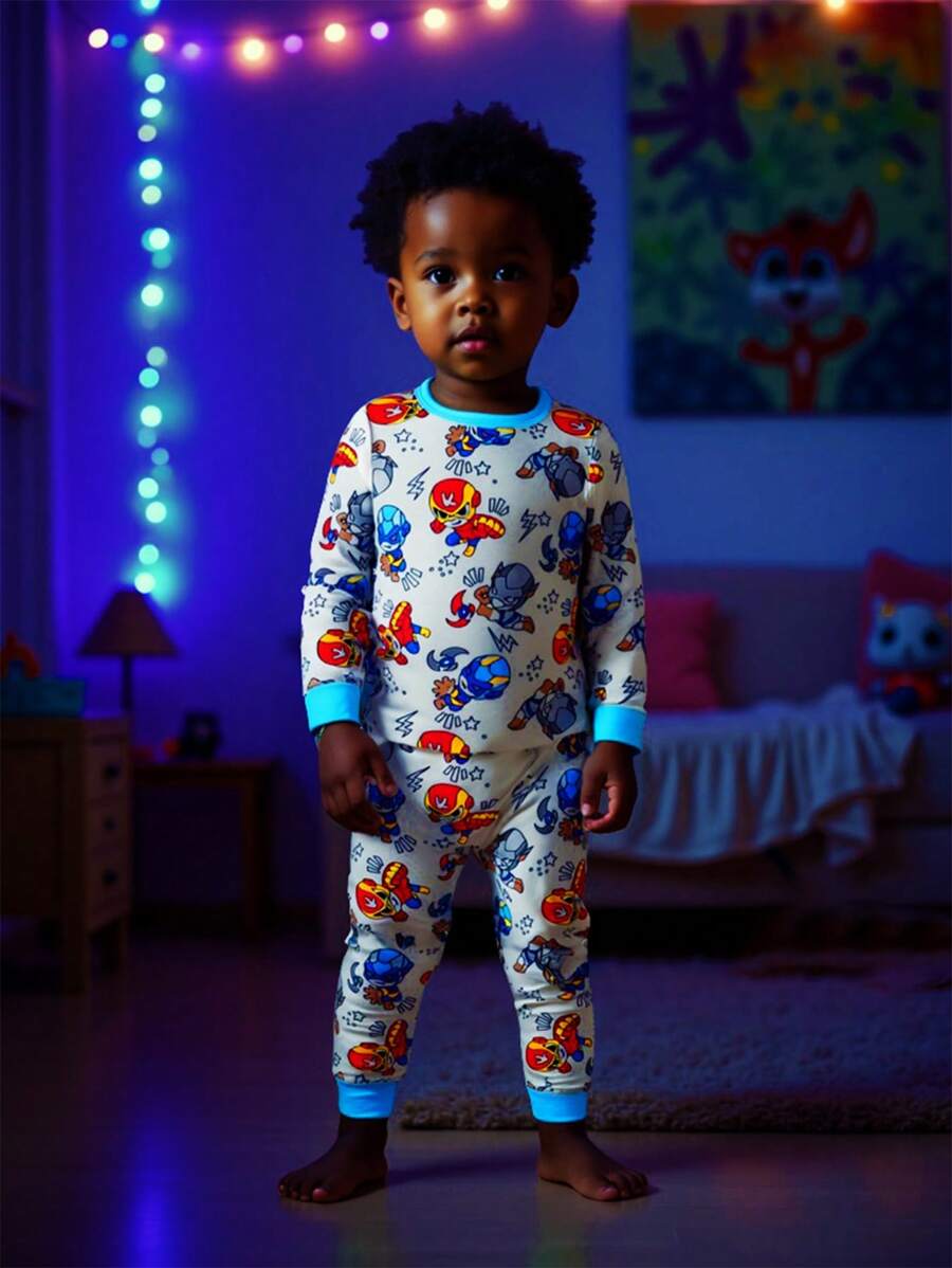 SHEIN 2pcs Young Boys Alien Print Glow-In-The-Dark Knit Round Neck Long Sleeve Top & Long Pants Snug Fit Sleepwear Set - Multicolor - View 1