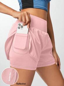 SHEIN Sports 纯色高腰二合一运动短裤毛衣短裤 - 粉色 - 查看 1