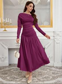 Modelyn Women's Elegant Charm Slanted Shoulder Knit Woven Umbrella Hem Fashion Dress Long Evening Dresses