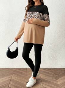 SHEIN 2pcs/Set Pregnant Women Heart & Leopard Print Round Neck Long Sleeve T-Shirt And Adjustable Waist Casual Pants