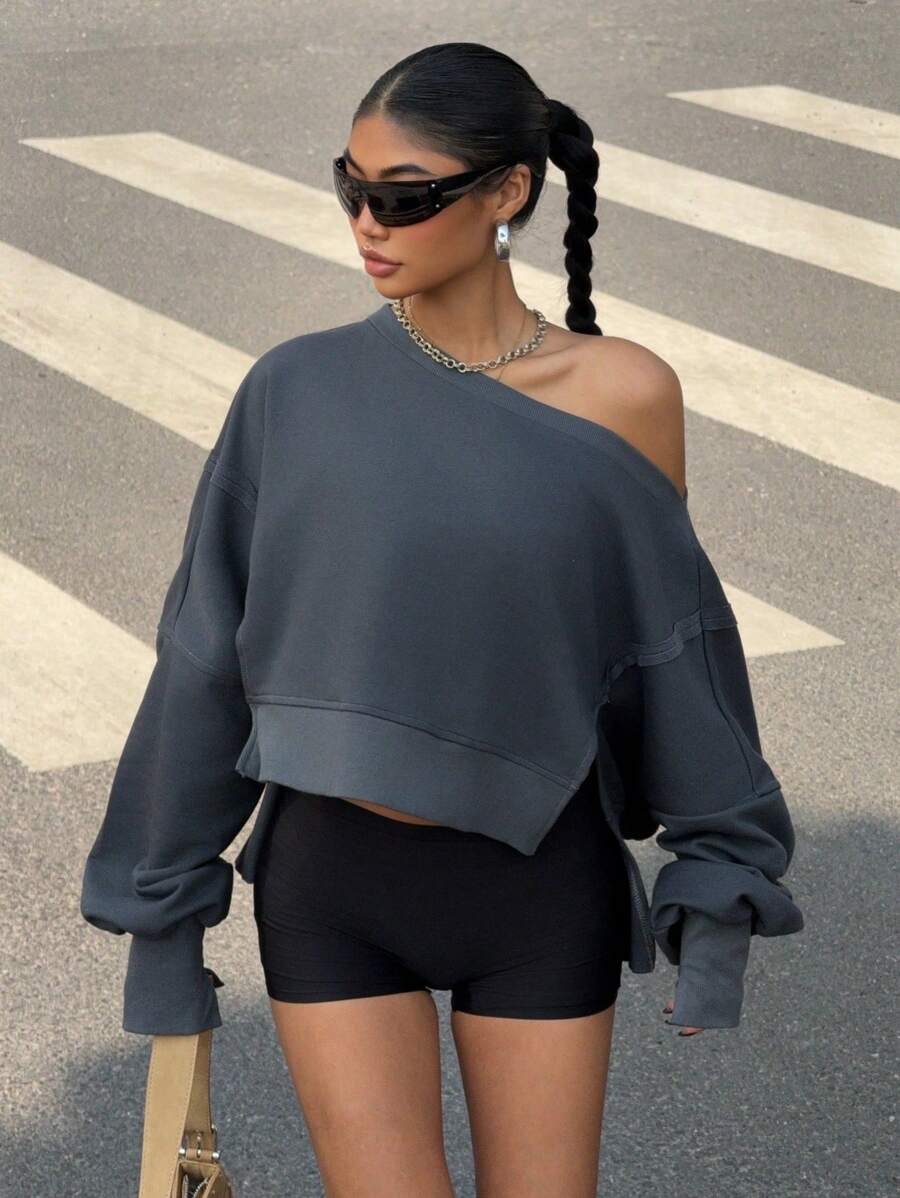 SHEIN EZwear Sudadera de mujer de unicolor con cuello asimétrico