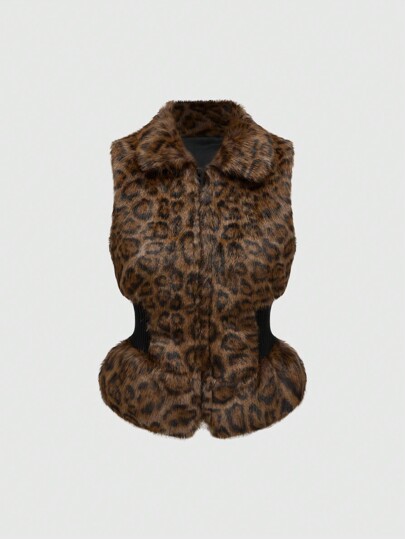 Hippie Chaleco/Chaqueta de mujer de felpa con efecto degradado de leopardo, para otoño/invierno
