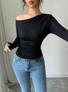 Chiquease Casual Versatile Solid Color Black Slim Fit Sequin Ruched Long Sleeve Knit Top For Women, Autumn/Winter