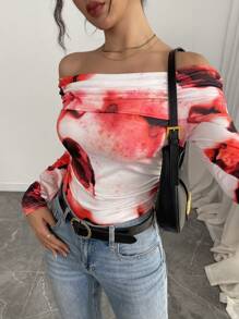 INAWLY Women's Tie-Dye Print Ruched Off Shoulder Long Sleeve Fitted T-Shirt - Red - View 3