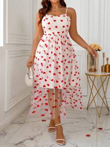 SHEIN Clasi Plus Size Valentine's Day Heart Net Mesh A-Line Casual Slip Dress - White - View 4