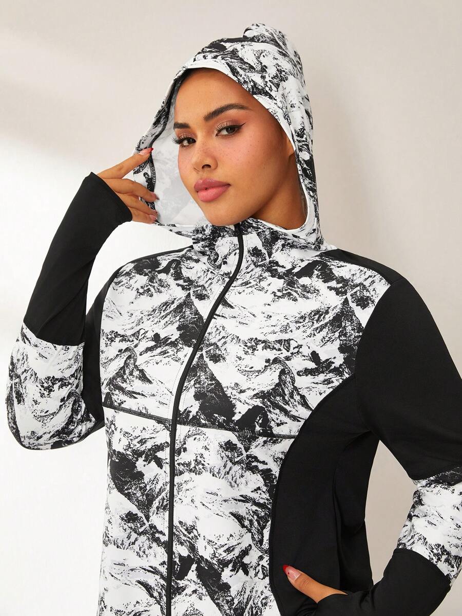 Easithlete Plus Size Fashionable Print Patchwork Long Sleeve Hooded Sports Jacket