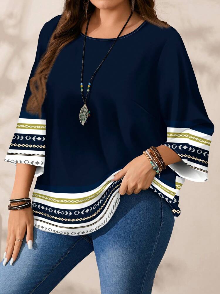 Plus Size Women's Casual Pattern Retro Printed Loose Fit Round Neck 3/4 Sleeve Blouse, Suitable For Spring And Summer Fall Clothes Chic Blouses For Women,Vacation