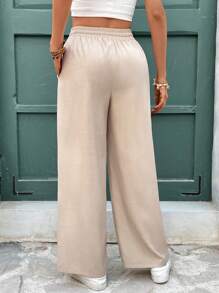 SHEIN Frenchy Women's Casual Plain Drawstring Waist Straight Leg Pants, Vacation, Suitable For Daily Wear,Elastic Waist Solid Color Loose Wide Leg Trousers - Apricot - View 2