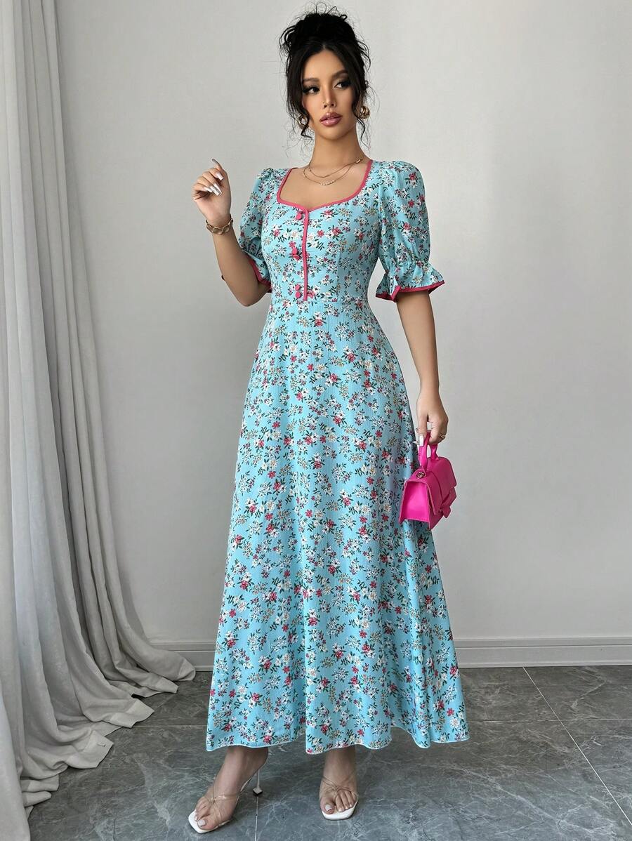 Modelyn 女式花卉印花纽扣饰边优雅短袖长裙 - 藍色 - 查看 1