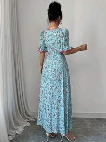 Modelyn 女式花卉印花纽扣饰边优雅短袖长裙 - 藍色 - 查看 2