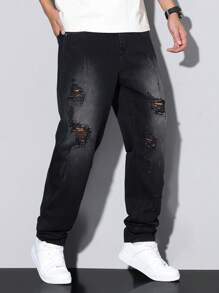 Manfinity Homme Men's Simple Distressed Pocket Jeans, Casual Everyday Wear, Emo Style - Black - View 4