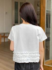 DAZY 女士荷叶边纯色圆领休闲短袖T恤 夏季 - 白色 - 查看 4