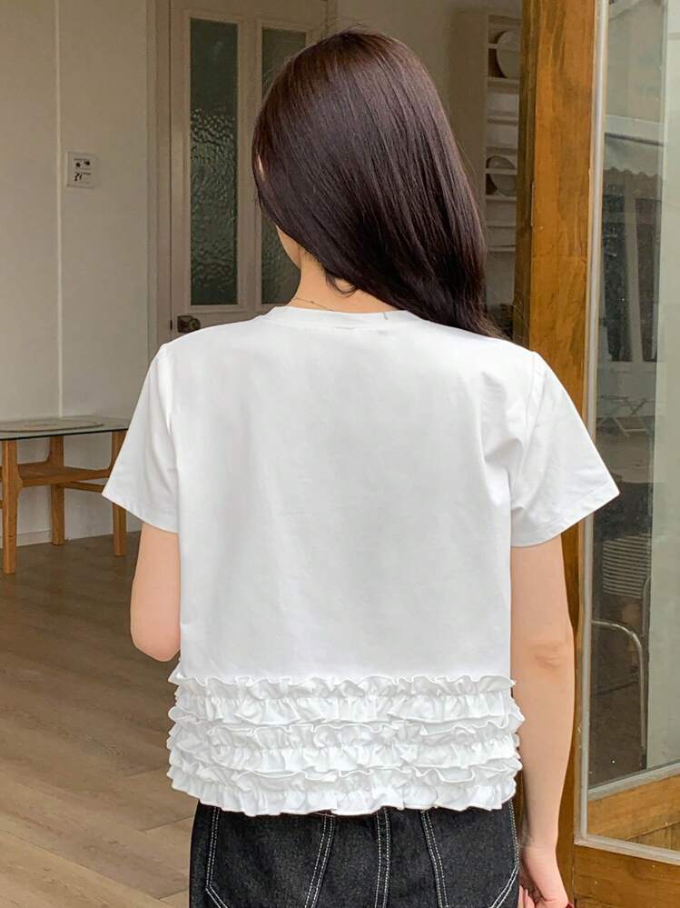 DAZY Camiseta de manga corta casual de cuello redondo de unicolor con volantes para mujer, ideal para el verano - Blanco - Añade 4