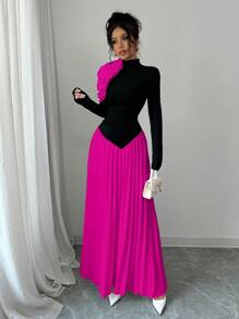 Selianne Asymmetrical Pleated Contrast Color 3D Floral Women Dress Fall Cloth For Women - Hot Pink - View 3