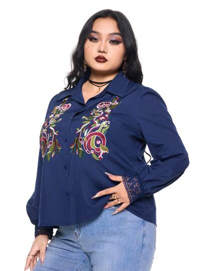 Goth Whimsgoth Mystery Hippie Snake & Floral Embroidered Plus Size Shirt, Plus Size