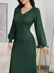 Modelyn Women Casual Solid Color V-Neck Twist Knitted Sweater Dress, Autumn/Winter - Dark Green - View 1