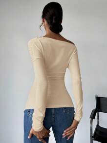Firerie Camiseta envolvente con cuello asimétrico de unicolor para mujer - Albaricoque - Ver 2