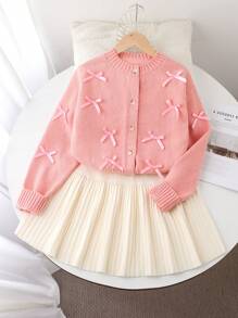 2pcs/Set Tween Girl Winter Outfit: Elegant Bow Knitted Sweater And Pleated Knit Skirt Set