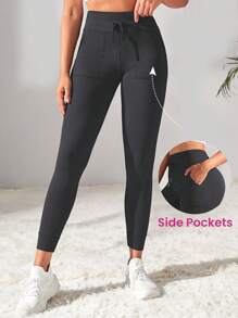 Easithlete 女式高腰弹力健身瑜伽裤，带口袋 - 深灰色 - 查看 1