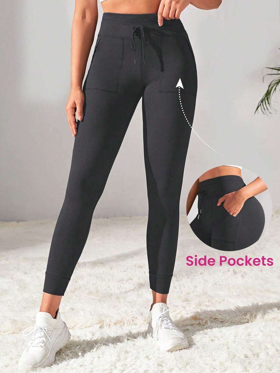 Easithlete 女式高腰弹力健身瑜伽裤，带口袋 - 深灰色 - 查看 1