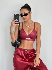 Coolane Women's Patch Pu Leather Camisole With Spaghetti Straps And V-Neck