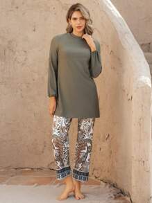 Swim Mulvari 2 Pieces Beach Outfit For Women: High Neck Long Sleeve Solid Top & Loose Bohemian Print Pants, Casual Holiday For Summer Beach Vacation