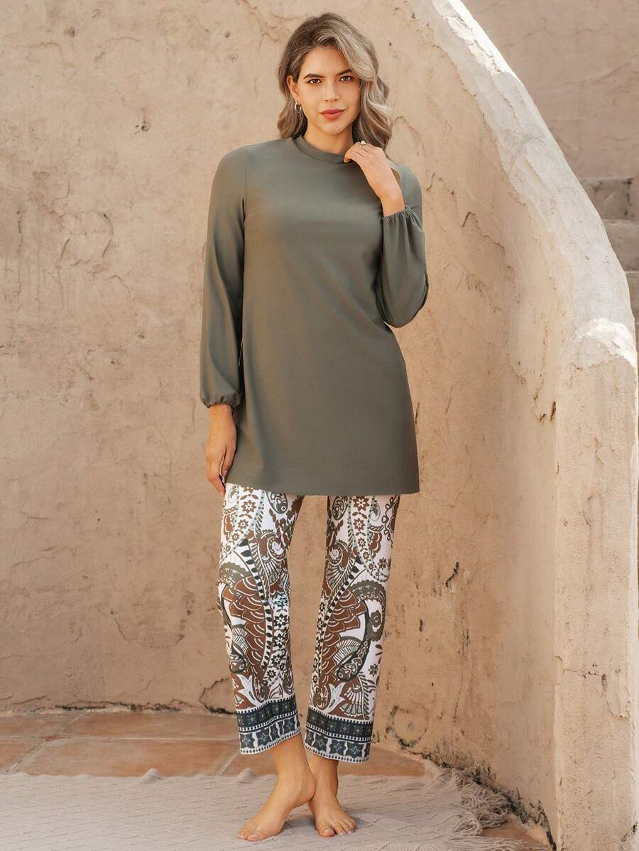 Swim Mulvari 2 Pieces Beach Outfit For Women: High Neck Long Sleeve Solid Top & Loose Bohemian Print Pants, Casual Holiday For Summer Beach Vacation