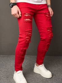 Manfinity Roughcore Plus Size Men's Casual Plain Ripped Jeans - Red - View 7