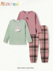 3pcs Young Girl Minimalist Plaid Pants Set With Green & Pink Rabbit & Cherry Floral Long Sleeve Top, Casual Homecoming Outfit - Multicolor - View 9