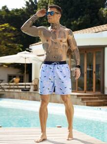 Surfspeed Men's Drawstring Waist All-Over Print Beach Shorts Men Swim Trunks - Blue - View 4