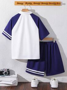 SHEIN 1 Set Tween Boy's Casual College Style Short Sleeve Polo Shirt & Shorts, Valentine's Day Outfit