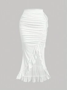 SHEIN MOD Plus Size Retro Cute Asymmetrical Ruffle Hem Decorated Mid-Length Skirt, Suitable For New Year, Valentine's Day, Date, Party - White - View 1