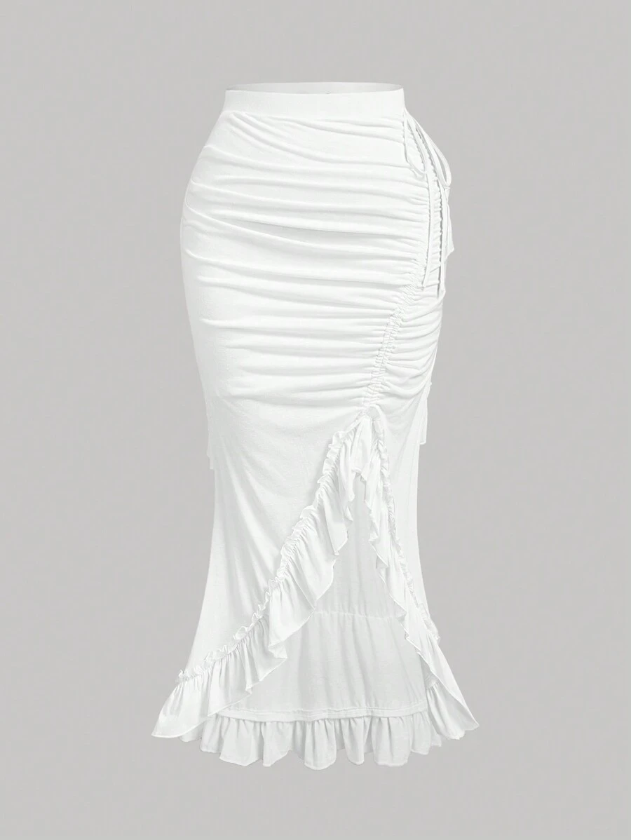 SHEIN MOD Plus Size Retro Cute Asymmetrical Ruffle Hem Decorated Mid-Length Skirt, Suitable For New Year, Valentine's Day, Date, Party - White - View 1