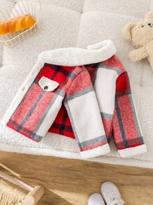 SHEIN Baby Boys All-Match Plaid Thermal Lined Casual Sport Gentleman Preppy Style Jacket, Suitable For Autumn And Winter Seasons