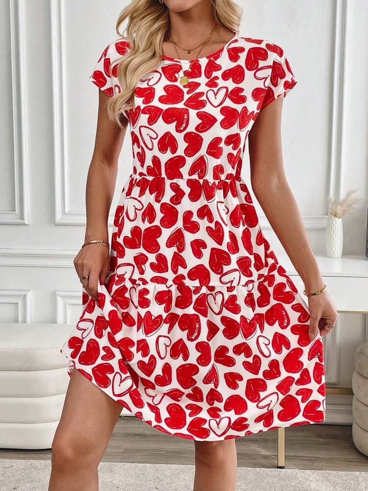 Women's Valentine's Day Heart Graphic Round Neck Short Sleeve Casual Mini Dress Valentines Dress Summer Outfits For Women