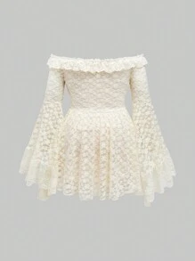 ROMWE Kawaii Plus Size Sweet Palace Style Lace Off Shoulder Flare Sleeve Dress