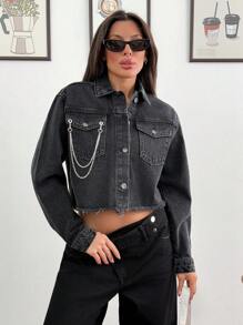 EURMUSE CROP JACKET BLACK STYLE WOMEN DEMIN COAT SIMPLE FASHIONABLE - Black - View 4