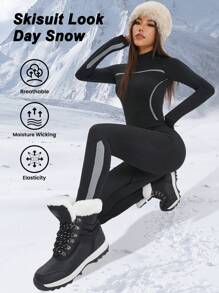 Easithlete Women Contrast Color Stand Collar Long Sleeve T-Shirt And Leggings Sports Suit Workout Women Set