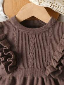 2pcs/Set Baby Girls Ruffle Trim Long Sleeve Sweater And Long Pants Set, Infant Solid Color Knitted Sweater And Trousers Casual Outfit