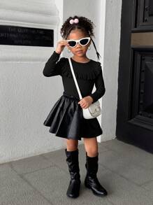 SHEIN 年轻女孩休闲时尚百搭黑色针织荷叶边长袖衬衫 - 黑色 - 查看 5